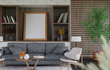 3D mockup blank photo frame in living room rendering