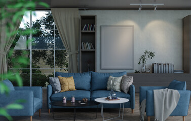 3D mockup blank photo frame in living room rendering