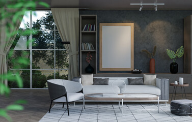 3D mockup blank photo frame in living room rendering
