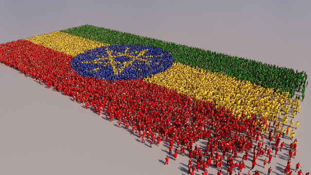 Ethiopian Flag formed from a Crowd of People. Banner of Ethiopia on White.