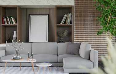 3D mockup blank photo frame in living room rendering