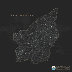 San Marino map abstract geometric mesh polygonal light concept with black and white glowing contour lines countries and dots on dark background. Vector illustration eps10