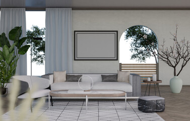 3D mockup blank photo frame in living room rendering