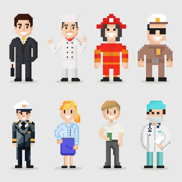 Pixel art character, depicting man and woman from different ethnic origins with concept of people in the world united working together and isolated on white background.