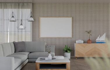 3D mockup blank photo frame in living room rendering