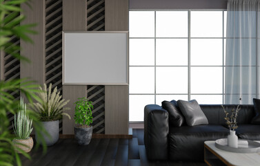 3D mockup blank photo frame in living room rendering