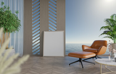 3D mockup blank photo frame in living room rendering