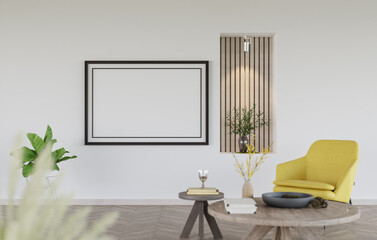 3D mockup blank photo frame in living room rendering
