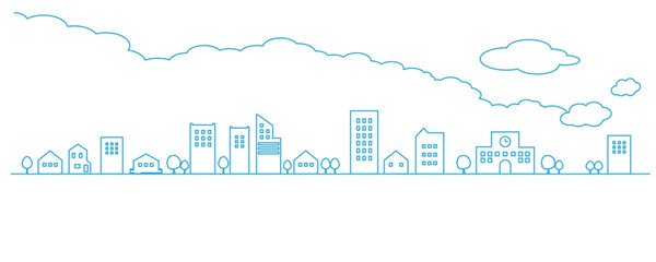 横長のシンプルな街並みと雲の線画　シルエットイラスト素材　背景イラスト　都市景観