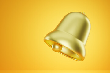 Obraz na płótnie Canvas 3d rendering of golden bell icon illustration isolated on yellow background. Suitable for website and social media illustrations, notifications, announcements, communications.