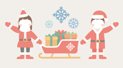 크리스마스 어린이와 눈썰매 캐릭터 일러스트 이미지