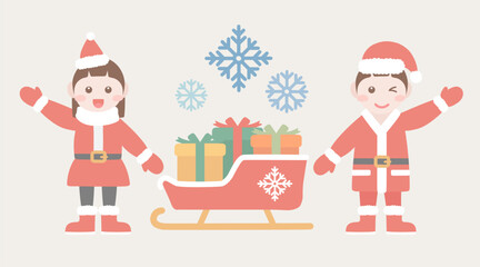 크리스마스 어린이와 눈썰매 캐릭터 일러스트 이미지