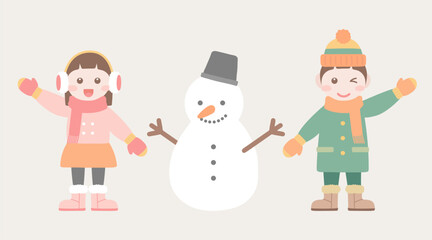 겨울 어린이와 눈사람 캐릭터 일러스트 이미지