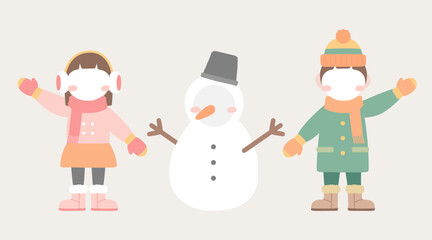 겨울 어린이와 눈사람 캐릭터 일러스트 이미지