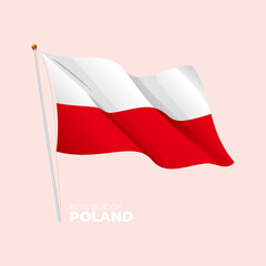 Poland national flag waving at the flagpole. Vector 3D