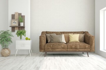 White living room with sofa. Scandinavian interior design. 3D illustration
