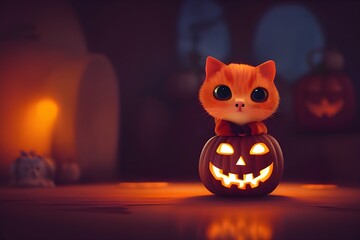 Halloween background with pumpkins and a cute kitten