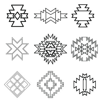 Ethnic pattern rapid set. Aztec ornaments, tribal designs, geometric symbols. on a white background.