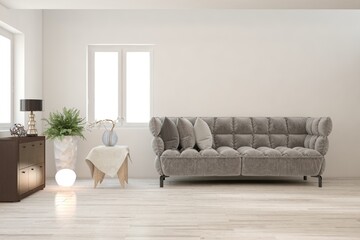 White living room with sofa. Scandinavian interior design. 3D illustration
