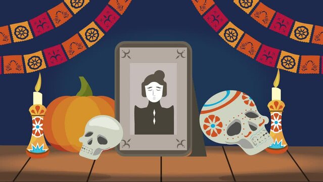 dia de los muertos animation with portrait altar
