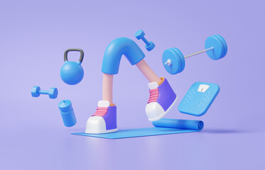 Character cartoon shoes 3D with set fitness exercise tool sport healthy concept. floating on pastel background. equipment, dumbbell, yoga mat, mineral water, scales, health care, element, 3d rendering