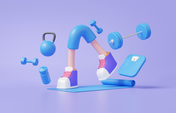 Character cartoon shoes 3D with set fitness exercise tool sport healthy concept. floating on pastel background. equipment, dumbbell, yoga mat, mineral water, scales, health care, element, 3d rendering