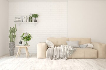 White living room with sofa. Scandinavian interior design. 3D illustration
