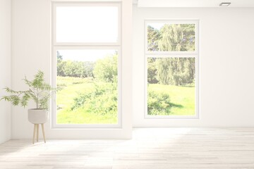 Naklejka na ściany i meble White empty room with summer landscape in window. Scandinavian interior design. 3D illustration
