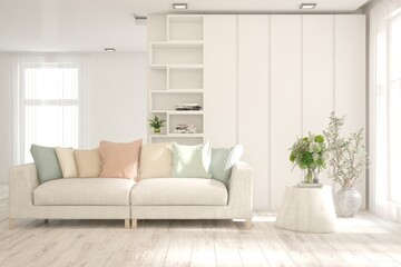 White living room with sofa. Scandinavian interior design. 3D illustration