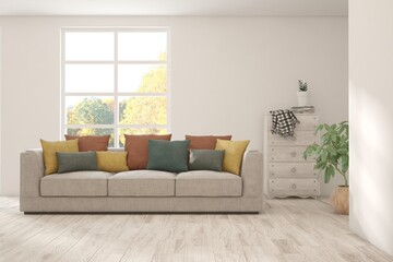 Stylish room in white color with sofa and autumn landscape in window. Scandinavian interior design. 3D illustration