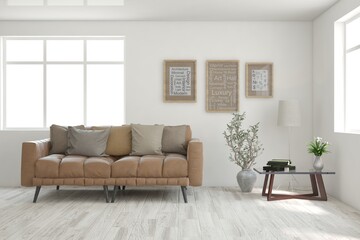 White living room with sofa. Scandinavian interior design. 3D illustration