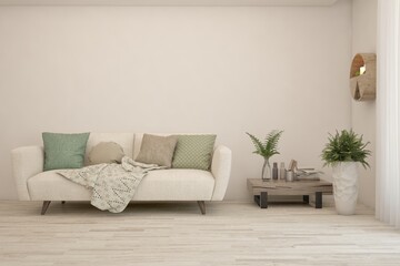 Stylish room in white color with sofa. Scandinavian interior design. 3D illustration