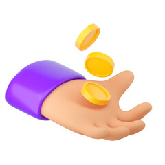 3d Human hand holding falling yellow gold coins. Online payment, mobile bankind, transaction and shopping concept. High quality isolated render
