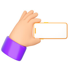 3d cartoon human hand hold smartphone. Using phone concept. Realistic 3d high quality render isolated on white background
