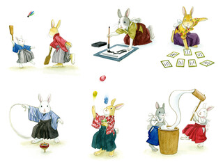 A set of rabbits illustrations for Japanese new year's card