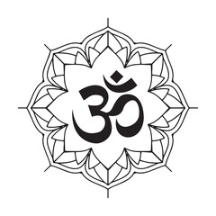 Mandala With Om Hindu Symbol Black Vector with White Background Printable Can be used for Poster, Banner, Sticker, wall of Temple, House etc.  