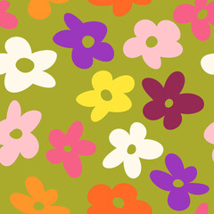 Fototapeta na wymiar Colorful seamless pattern with vintage vector groovy flowers. Modern floral silhouettes. Retro abstract surface pattern design for textile print, stationery, wrapping paper