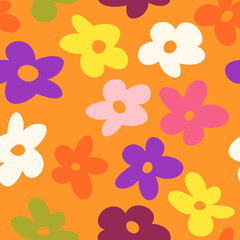 Colorful seamless pattern with vintage vector groovy flowers. Modern floral silhouettes. Retro abstract surface pattern design for textile print, stationery, wrapping paper