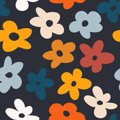 Colorful seamless pattern with vintage vector groovy flowers. Modern floral silhouettes. Retro abstract surface pattern design for textile print, stationery, wrapping paper