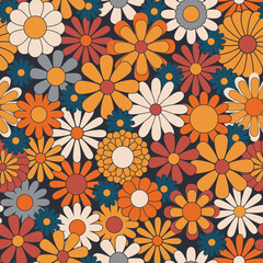 Retro abstract surface pattern design for textile print, stationery, wrapping paper. Colorful seamless pattern with vintage vector groovy flowers. Geometric floral silhouettes.