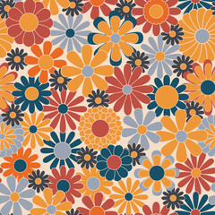 Retro abstract surface pattern design for textile print, stationery, wrapping paper. Colorful seamless pattern with vintage vector groovy flowers. Geometric floral silhouettes.