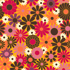 Retro abstract surface pattern design for textile print, stationery, wrapping paper. Colorful seamless pattern with vintage vector groovy flowers. Geometric floral silhouettes.