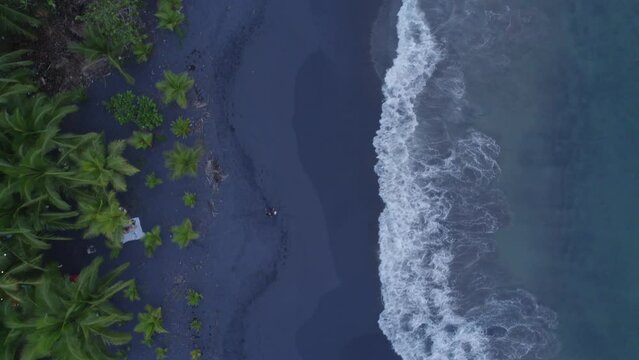 an aerial footage of black sand beach in Costa Rica