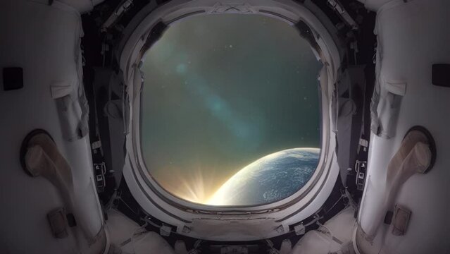 A view from the window of a spacecraft escape pod looking down on an earth like planet with a moon