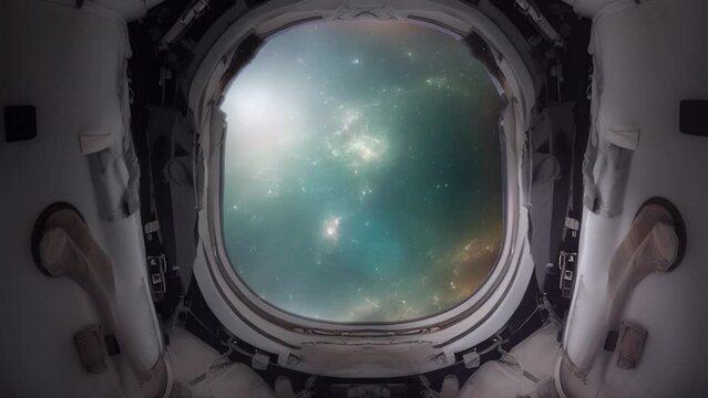 A view from the window of a spaceship escape pod looking out into deep space with spars and galaxies in the distance