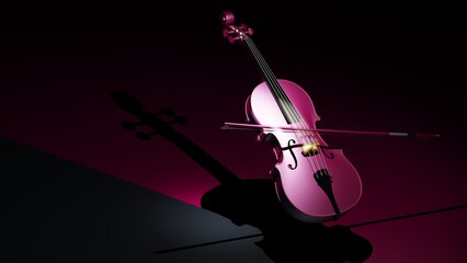 Purple classic violin on purple-black planes under spot lighting background. 3D sketch design and illustration. 3D high quality rendering.