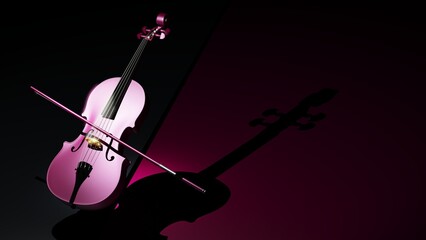Purple classic violin on purple-black planes under spot lighting background. 3D sketch design and illustration. 3D high quality rendering.
