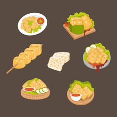 Set of Delicious Raw and Cooked Tempe Tempeh Soybean Traditional Indonesian Street Food Watercolor Vector Illustration 