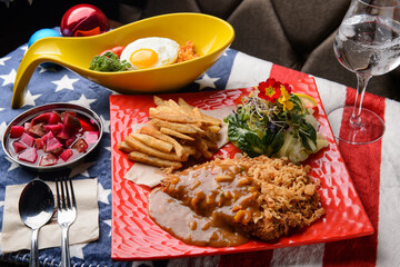 Pork cutlet and kimchi fried rice set prepared at the restaurant