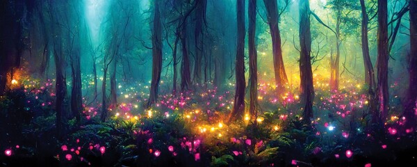 Fantasy illustration of magical fairy tale forest with fireflies